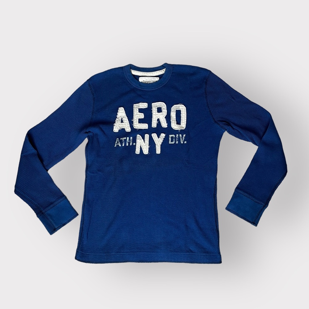 Vintage Aeropostale Boys Junior Waffle Knit Blue Distressed Long Sleeve Shirt